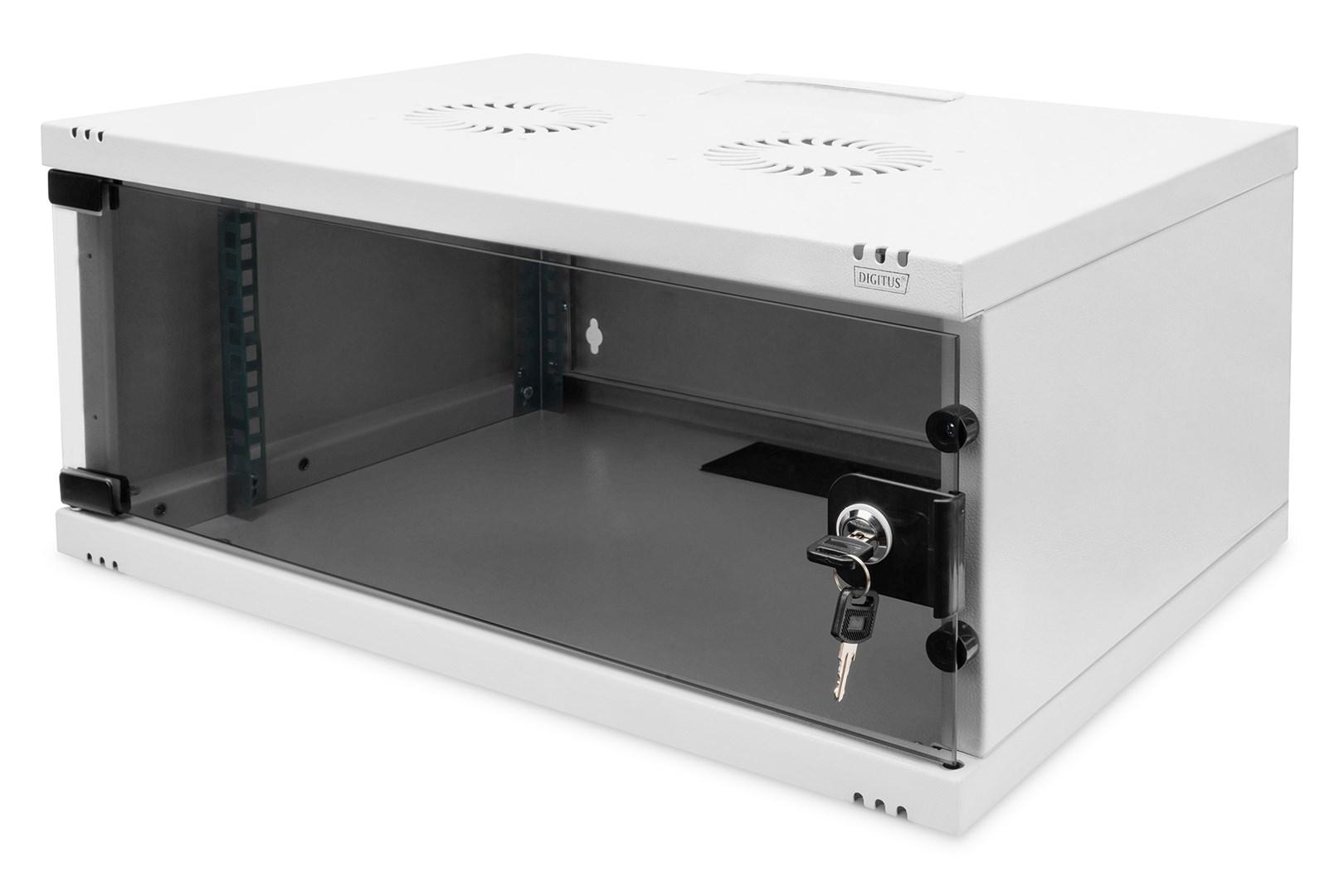 Netværksskab vægmonteret 19" 4U - DIGITUS, 24,1 × 54 × 40 cm, glasdør, grå, max 60 kg billede