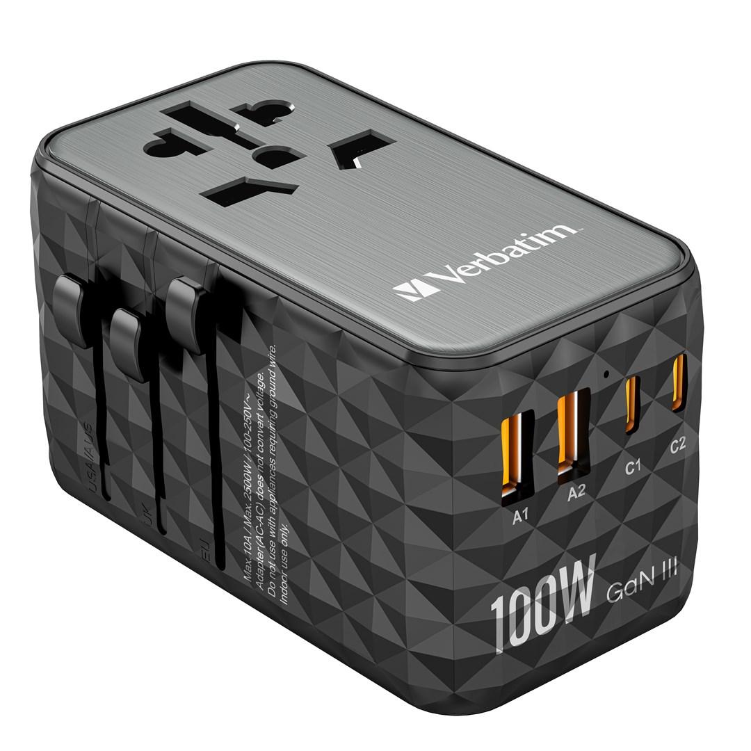 Rejseadapter universal 100 W GaN III Verbatim med 2x USBC PD & QC 4+ og 2x USBA QC 3.0
