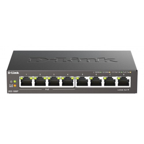 Netværksswitch D-Link 8-ports Gigabit PoE, unmanaged desktop