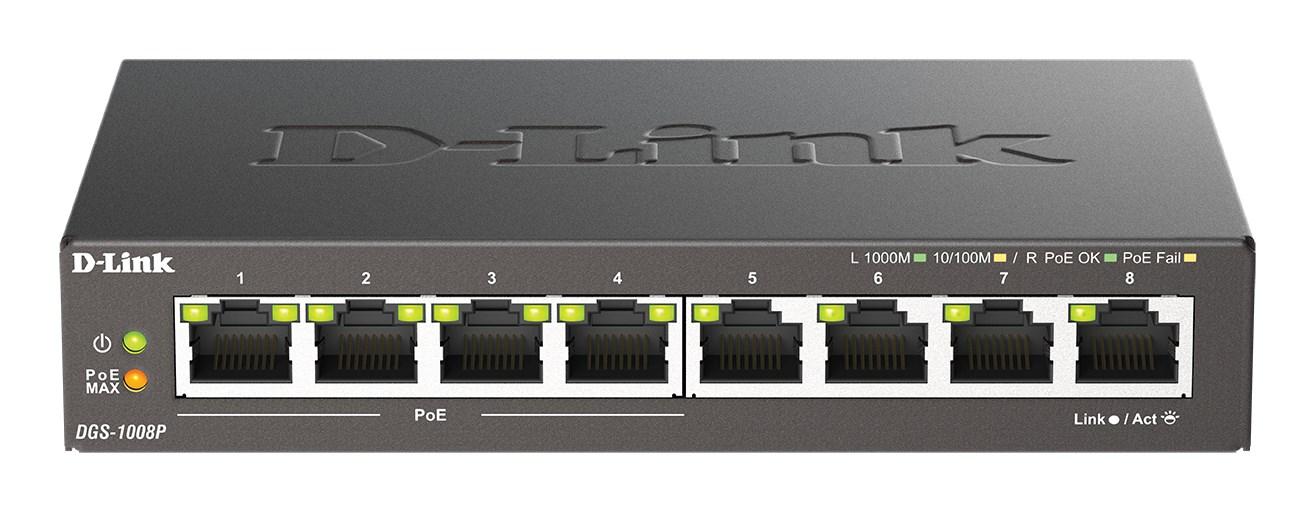 Netværksswitch D-Link 8-ports Gigabit PoE, unmanaged desktop