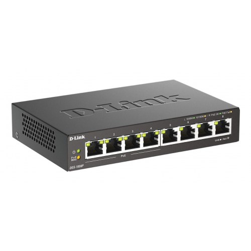 Netværksswitch D-Link 8-ports Gigabit PoE, unmanaged desktop