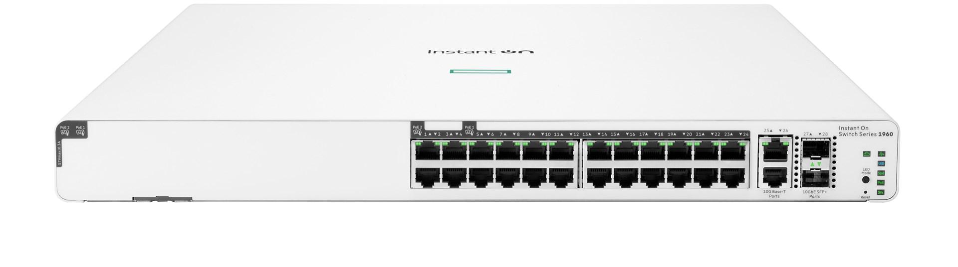 Netværksswitch HPE Aruba Instant On 1960 24-porte PoE, 2×10G Base‑T, 2×SFP+, 370 W