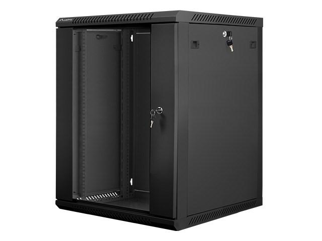 19" vægmonteret rackskab 15U - Lanberg, 600×600 mm, sort (glasdør)