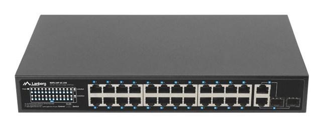 Netværksswitch Lanberg 24-poorts PoE+ 10/100 med 2 combo SFP – rack 19" 250 W
