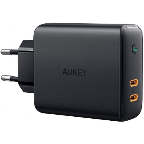 Oplader USB-C med Power Delivery – AUKEY PA-D5 GaN, 2 porte, 63 W, sort