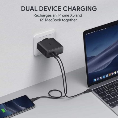 Oplader USB-C med Power Delivery – AUKEY PA-D5 GaN, 2 porte, 63 W, sort