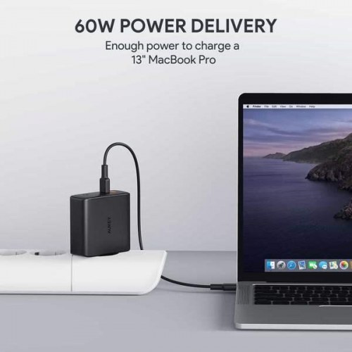 Oplader USB-C med Power Delivery – AUKEY PA-D5 GaN, 2 porte, 63 W, sort