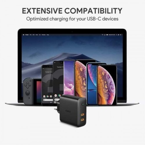 Oplader USB-C med Power Delivery – AUKEY PA-D5 GaN, 2 porte, 63 W, sort