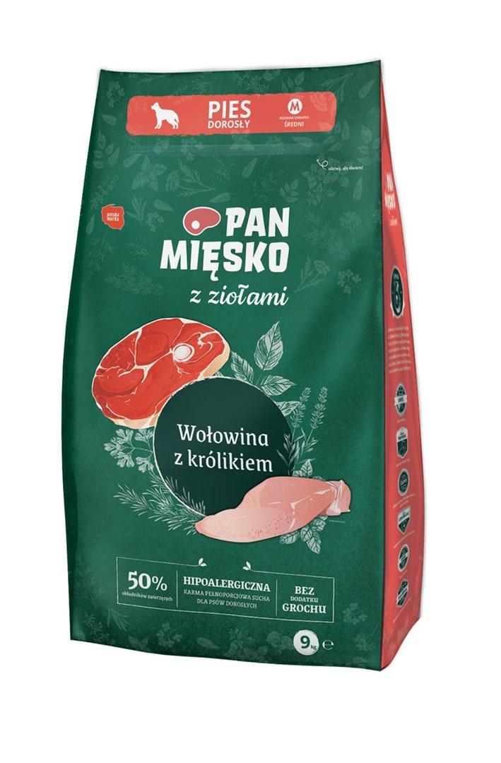Hundefoder tør - PAN MIĘSKO med urter, oksekød med kanin, M, 9 kg