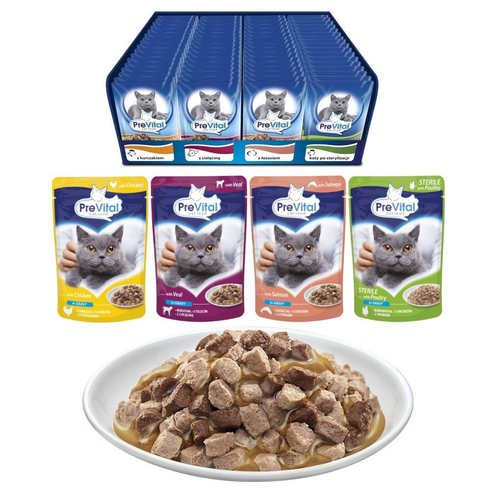 Vådfoder til kat – PREVITAL Mix 4 smagsvarianter: kylling, kalv, laks, fjerkræ – 96 × 100 g