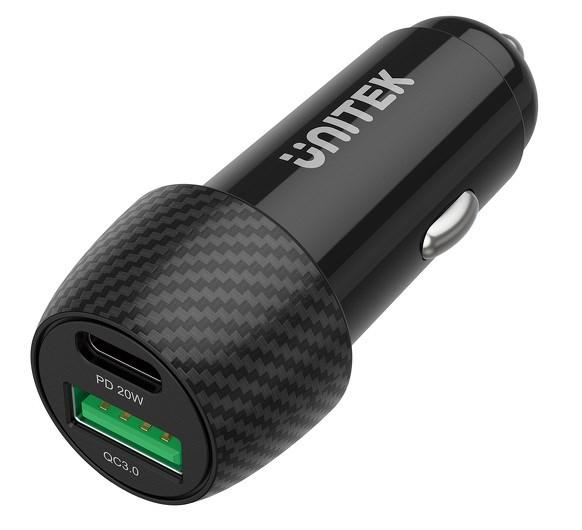 Biloplader UNITEK 38 W med USB-A & USB-C (QC 3.0, PD) billede