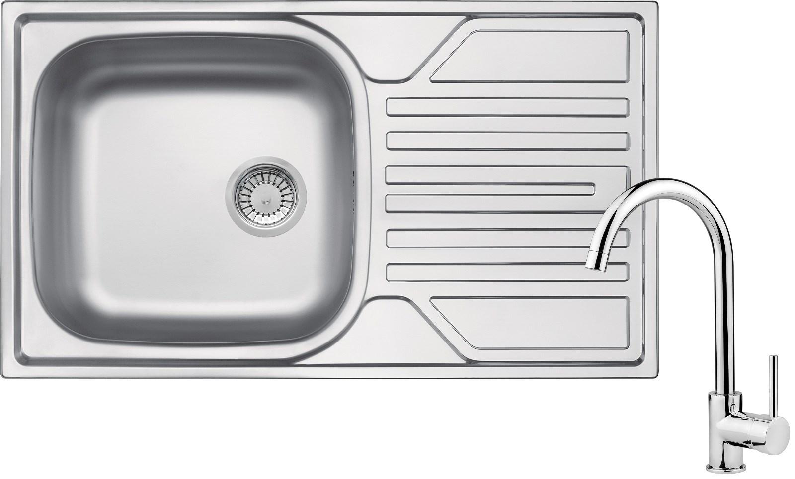 Køkkenvask i rustfrit stål med 1 kumme, afløbsplade og armatur - deante