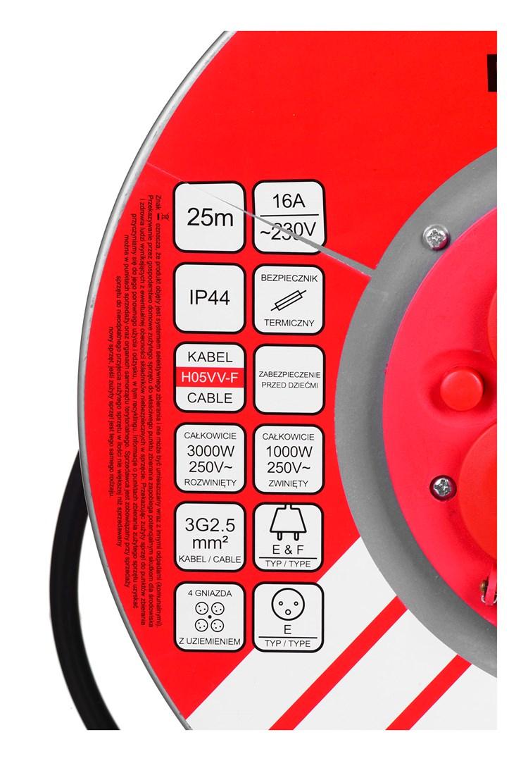 Przedluzacz elektryczny bebnowy 25M VERTEX 3x2 5mm PB25METAL czarny