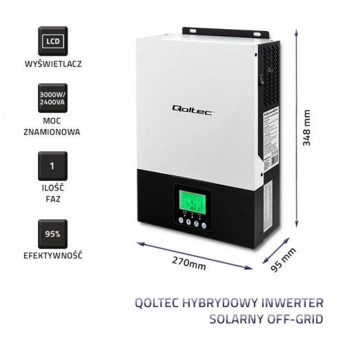 Solcelle inverter hybrid off-grid - Qoltec 3 kVA, 2,4 kW, 80 A, MPPT, sinus