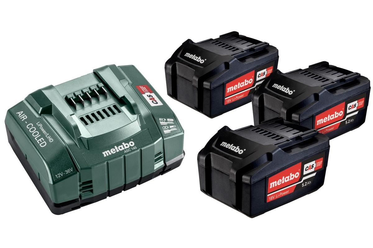 Oplader og batterisæt - Metabo 18 V Li-Ion 5,2 Ah (3 batterier + oplader) billede