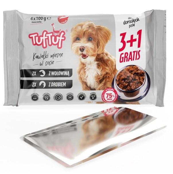 VÃ¥dfoder til hund â TufTuf 2x fjerkrÃ¦, 2x oksekÃ¸d (4Ã100 g)