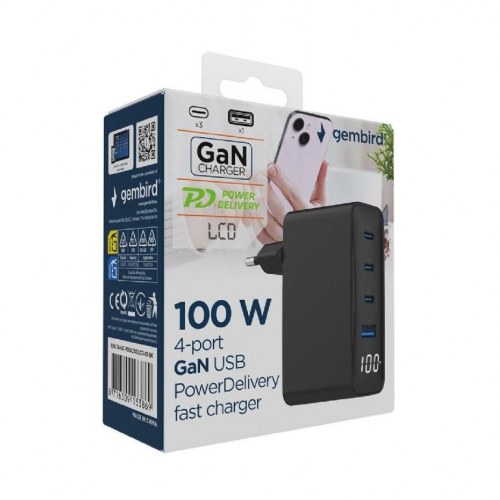 USB oplader 100 W - Gembird, 3× USB‑C + USB‑A, hurtig opladning, sort