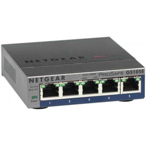 Netværksswitch NETGEAR GS105E – Managed L2/L3 Gigabit, grå