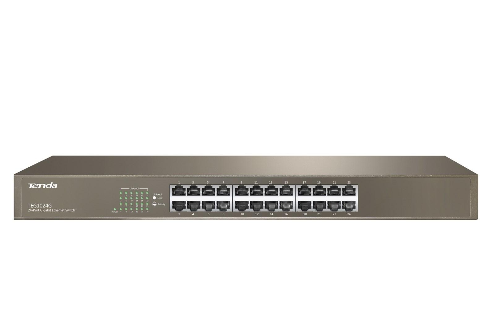 Netværksswitch gigabit 24‑port – Tenda TEG1024G, unmanaged, blå