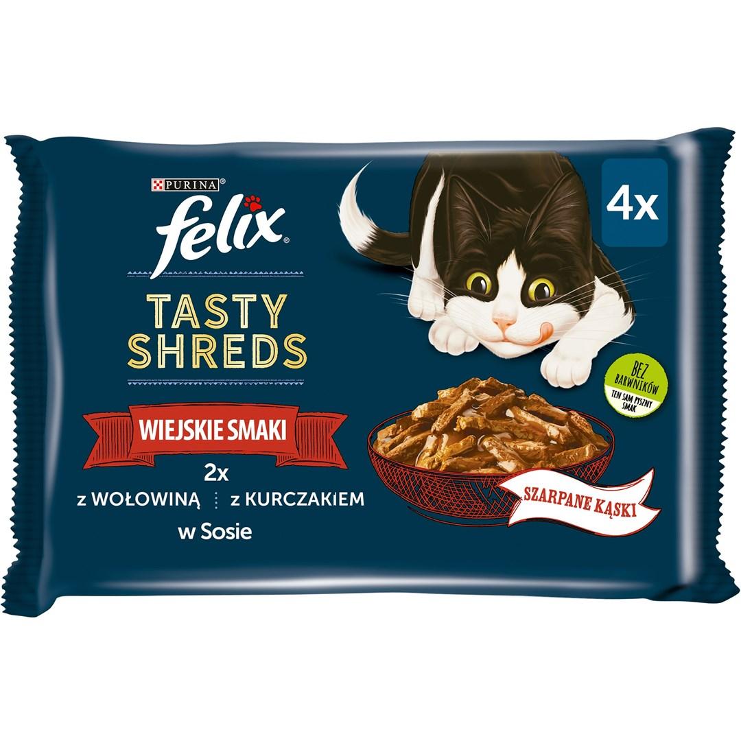 Vådfoder til kat – Purina Felix Tasty Shreds med oksekød og kylling, 4×80 g