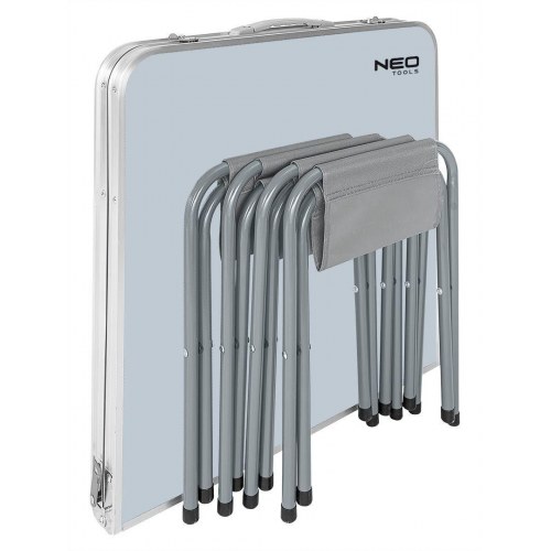 Campingbord sæt NEO TOOLS – bord og 4 stole, sammenklappeligt i kuffert