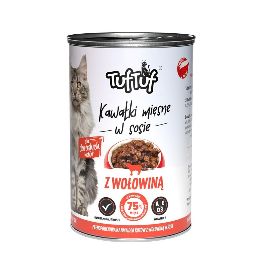 Vådfoder til kat – TufTuf kødstykker i sovs med oksekød, 415 g