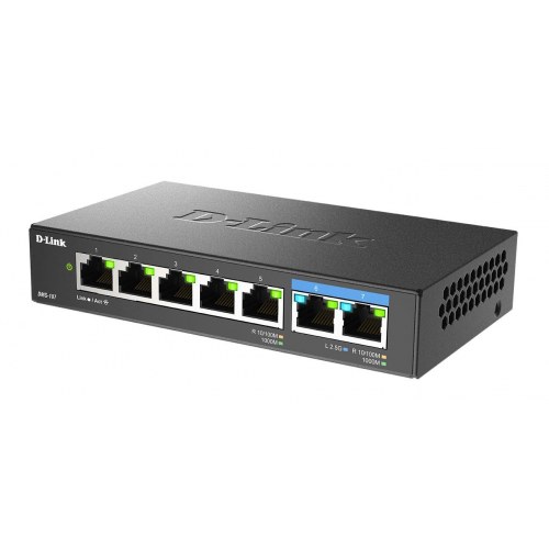 Netværksswitch D-Link 7‑port Multi‑Gigabit (uadministreret)