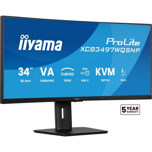 Skærm 34" ultrabred buet – iiyama ProLite XCB3497WQSD – UWQHD, USB‑C dok, LAN og KVM, højdejusterbar 15 cm