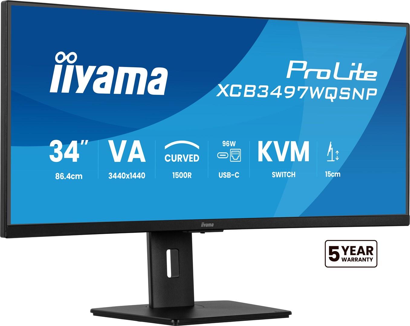Skærm 34" ultrabred buet – iiyama ProLite XCB3497WQSD – UWQHD, USB‑C dok, LAN og KVM, højdejusterbar 15 cm