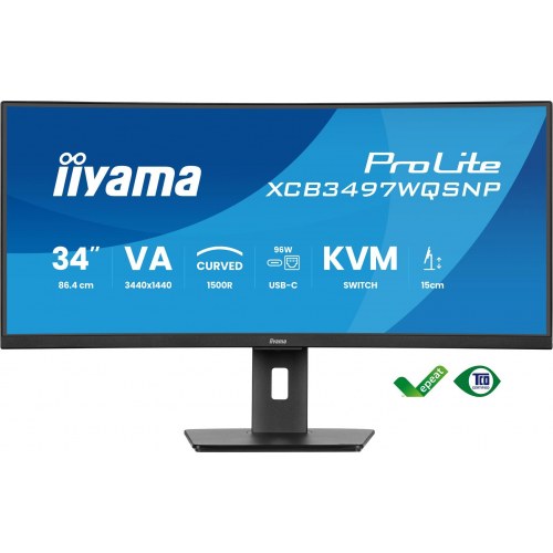 Skærm 34" ultrabred buet – iiyama ProLite XCB3497WQSD – UWQHD, USB‑C dok, LAN og KVM, højdejusterbar 15 cm