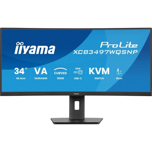 Skærm 34" ultrabred buet – iiyama ProLite XCB3497WQSD – UWQHD, USB‑C dok, LAN og KVM, højdejusterbar 15 cm