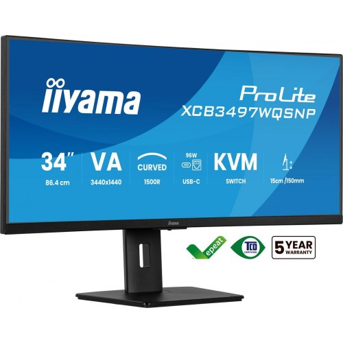 Skærm 34" ultrabred buet – iiyama ProLite XCB3497WQSD – UWQHD, USB‑C dok, LAN og KVM, højdejusterbar 15 cm