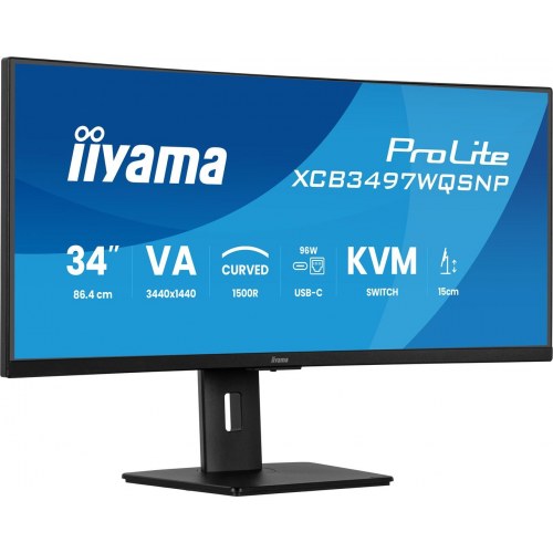 Skærm 34" ultrabred buet – iiyama ProLite XCB3497WQSD – UWQHD, USB‑C dok, LAN og KVM, højdejusterbar 15 cm