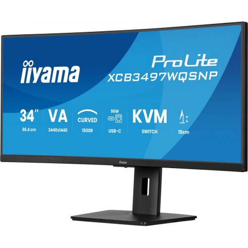 Skærm 34" ultrabred buet – iiyama ProLite XCB3497WQSD – UWQHD, USB‑C dok, LAN og KVM, højdejusterbar 15 cm