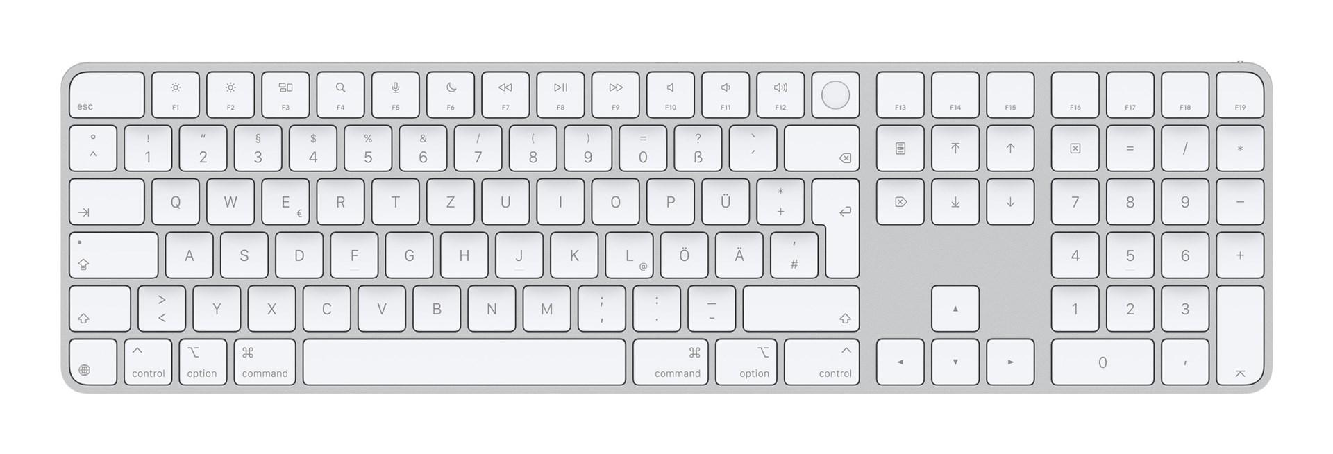 Tastatur Apple Magic Keyboard med Touch ID, numerisk, USB + Bluetooth, QWERTZ tysk, hvid