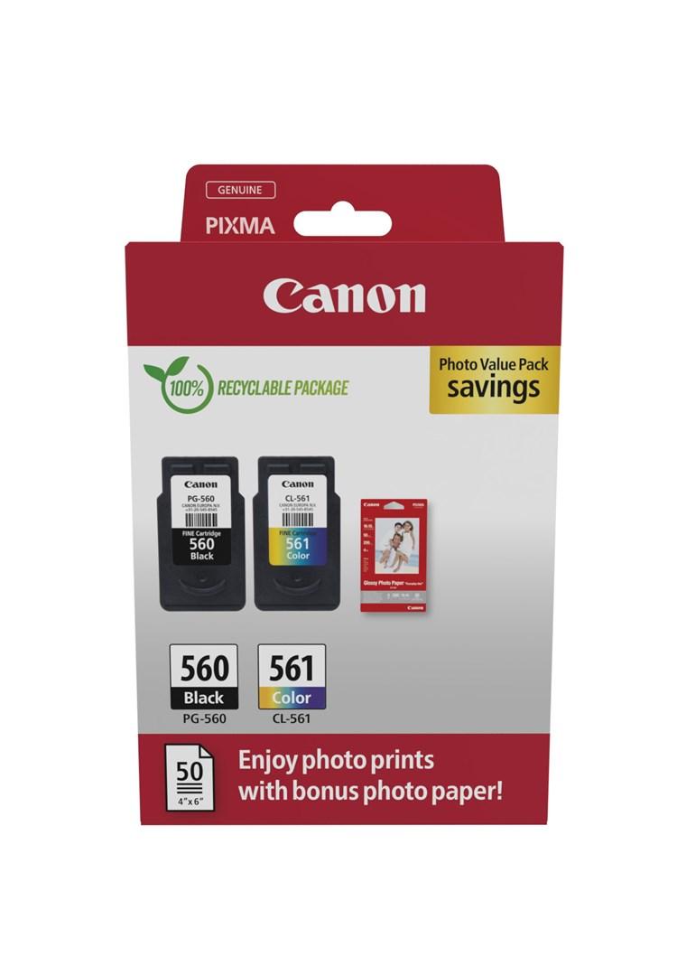 Canon PG-560/CL-561 Photo Value Pack - Skinnende - 2 pakker - sort, farve (cyan, magenta, gul) - original - hængekasse - blækpatron/papirsæt - for PIXMA TS5350, TS5350a, TS5350i, TS5351, TS5351a