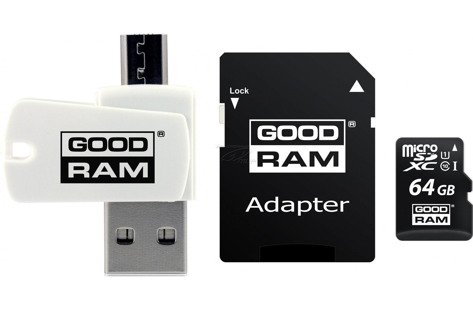 Hukommelseskort microSDXC 64 GB - Goodram med USB- og SD-adapter (Class 10 UHS-I) billede