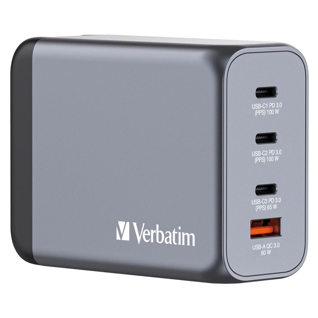 USB oplader Verbatim GNC-200 GaN 200 W - 3x USB‑C PD (100/100/65 W) + USB‑A QC 3.0 (EU/UK/US)