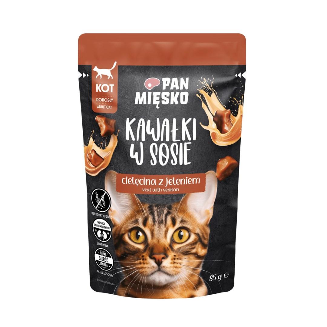 Vådfoder til kat – PAN MIĘSKO stykker i sauce, kalv med hjort – 85 g