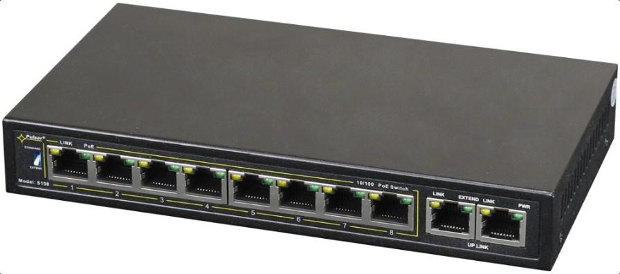 Netværksswitch PULSAR S108 – Fast Ethernet 10/100 med PoE, sort