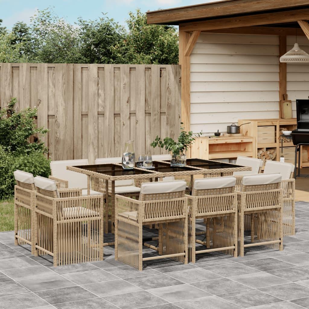 Spisebordssæt til haven i polyrattan - 11 dele med hynder, beige
