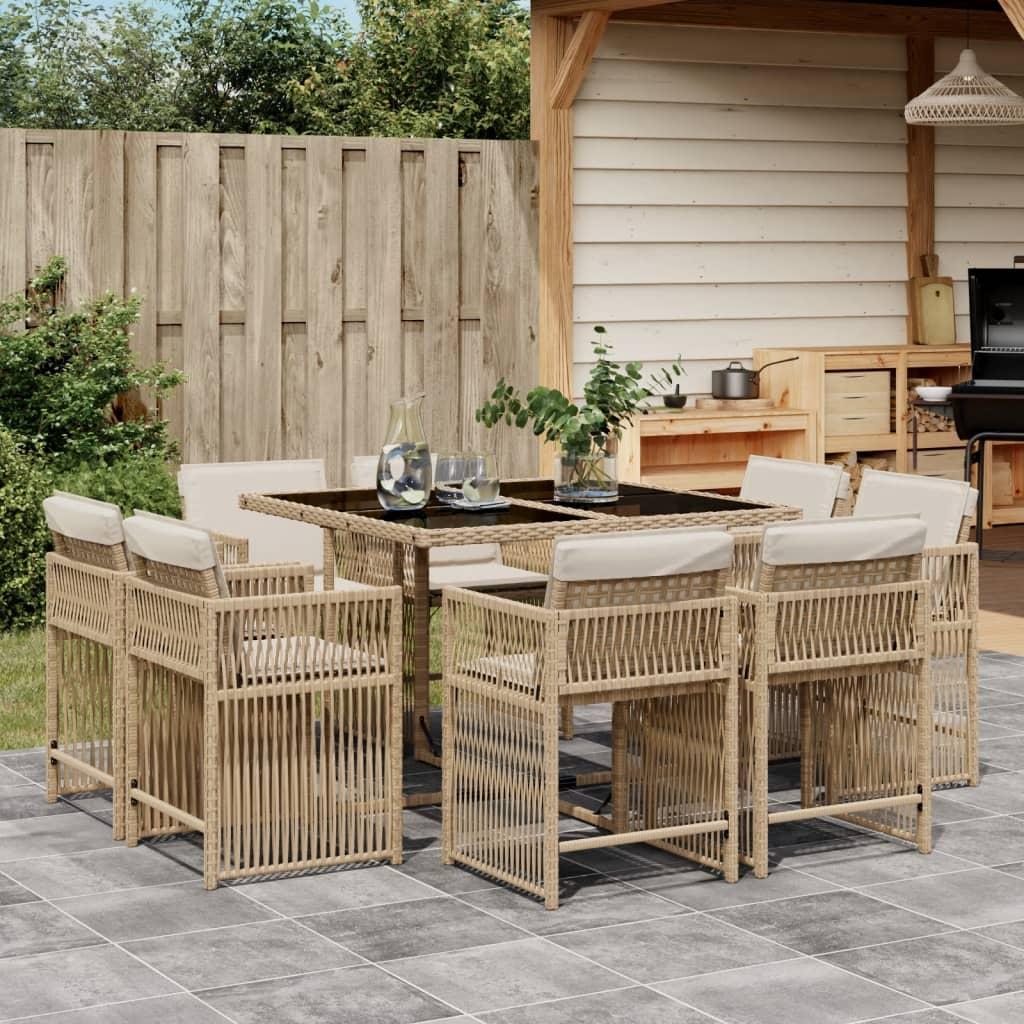 Spisebordssæt til haven 9 dele med hynder polyrattan beige