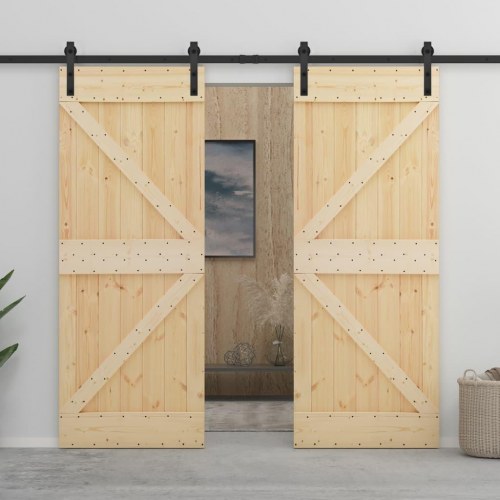 Skydedør med monteringssæt 90x210 cm massivt fyrretræ