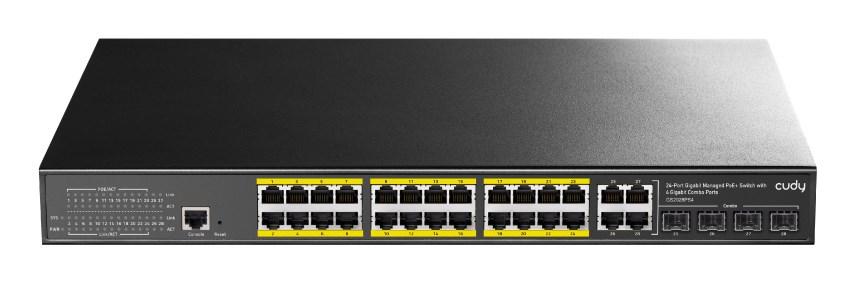 Gigabit switch med PoE – CUDY GS2028PS4, Managed L2, 24×RJ‑45, 4×SFP, 1U, sort