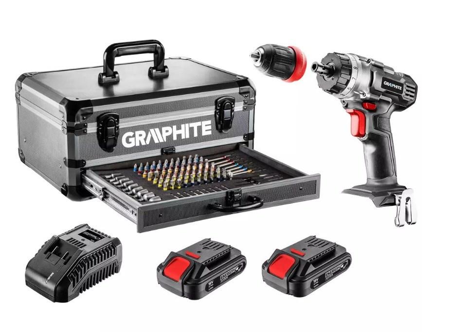 Skruemaskine 18V GRAPHITE Energy+ i aluminiumskuffert – bore-/skruemaskine med aftagelig borepatron, 2×2,0 Ah batterier, lader og 109 dele