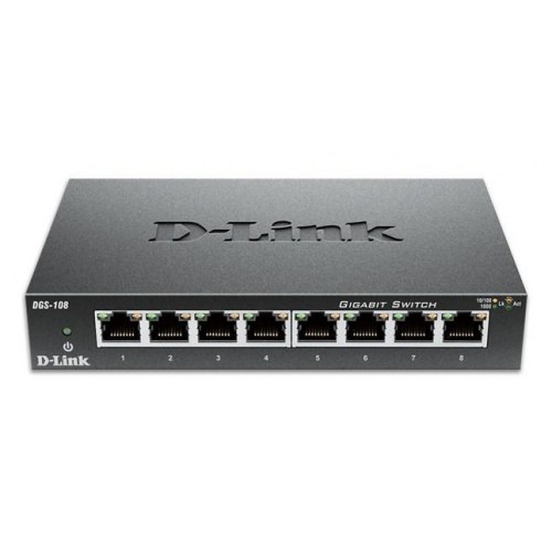 Netværksswitch D-Link DGS-108 – 8‑port Gigabit, sort
