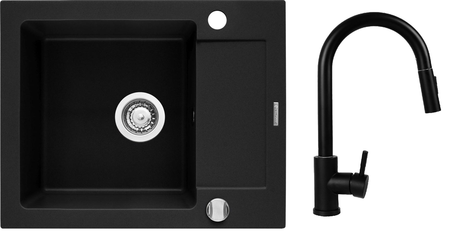 Køkkenvask med armatur PYRAMIS Mido 62×50 cm, 1 kumme m/afdrypningsplade, sort Pyragranit – Idea Black Edition