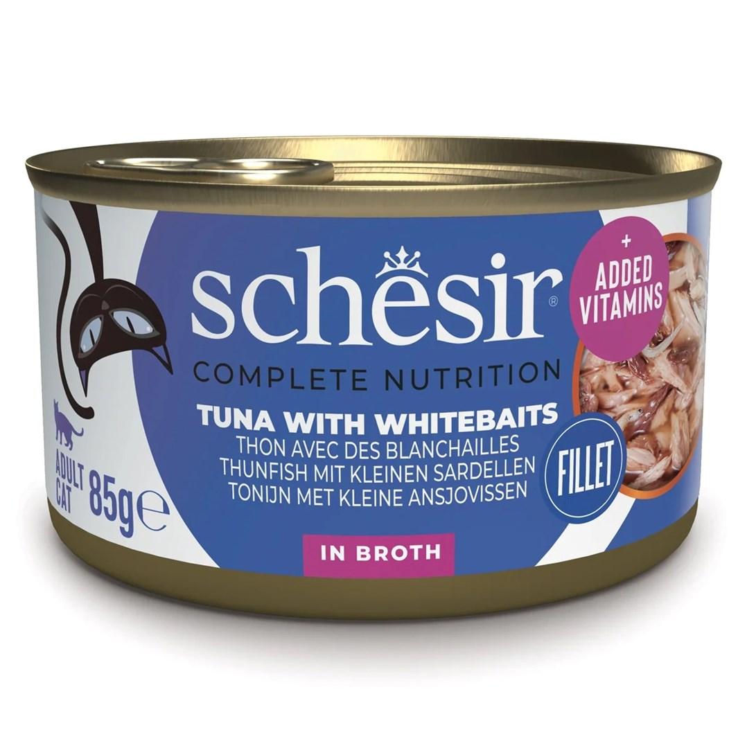 Vådfoder til kat - Schesir tun med småfisk i bouillon, 85 g
