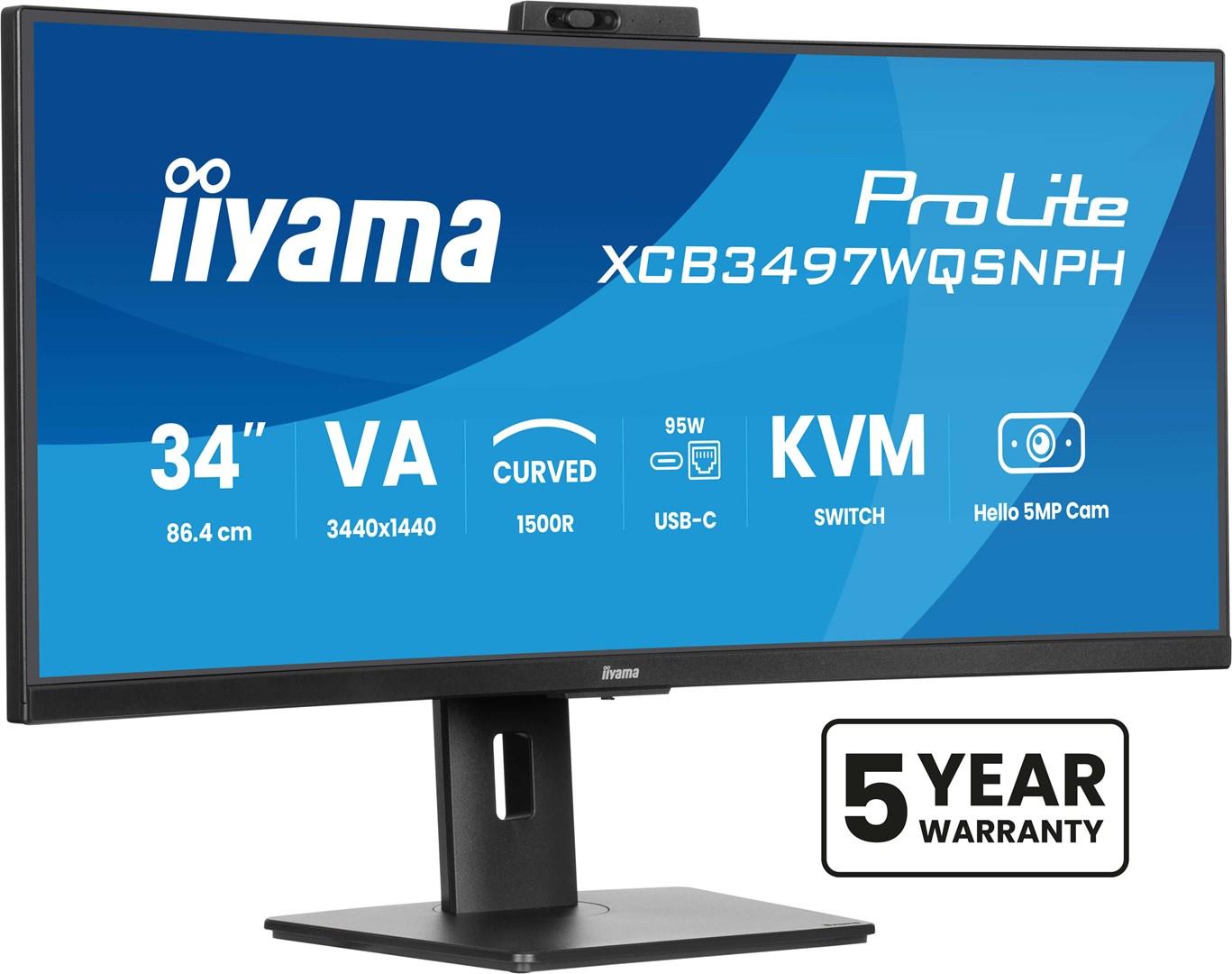 Skærm 34" iiyama ProLite buet VA UWQHD med Windows Hello-kamera, USB‑C dock, LAN og KVM billede