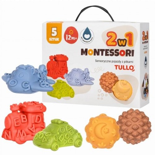 Sanselegetøj til baby – Tullo Montessori køretøjer med bolde, 5 dele